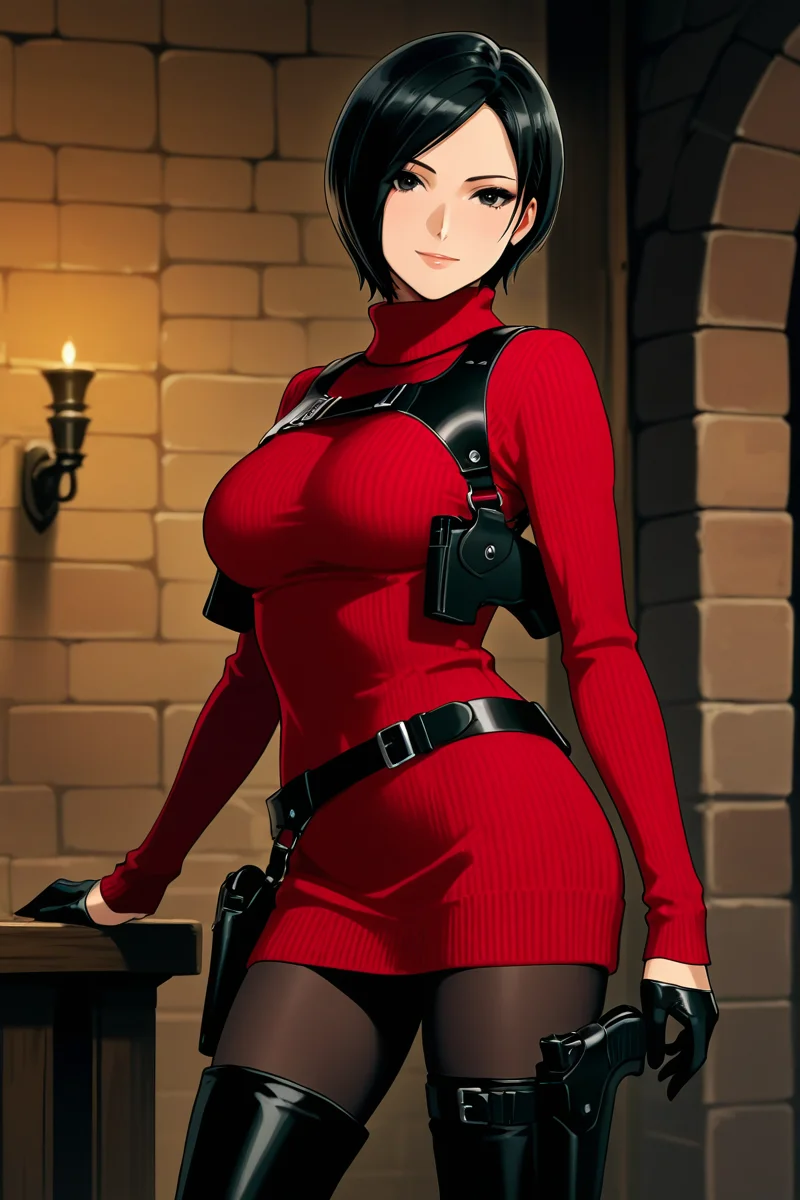<lora:ada_wong_re_illus:0.7> ada wong, black hair, short hair, black eyes, large breasts, red sweater, turtleneck, chest harness, pantyhose, black gloves, half gloves, black belt, pistol holster, 1girl, solo, looking at viewer, smile, thighhighs, jewelry, standing, weapon, boots, belt, black footwear, lips, gun, thigh boots, bob cut, high heel boots, sweater dress, thigh holster, shoulder holster, black thighhighs, anime coloring, pistol holster on belt, medieval cities, more detail, cowboy shot,