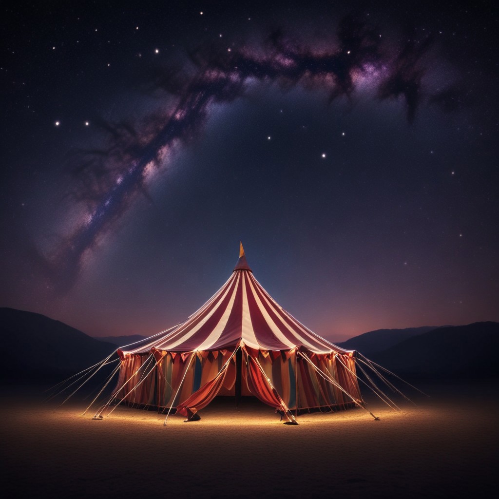 A circus tent photo, view of stars and swirling galaxies and light trails in the background gives a dreamy feel to this moment. BREAK, glow circuit patterns, style of Light painting