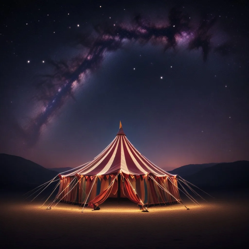 A circus tent photo, view of stars and swirling galaxies and light trails in the background gives a dreamy feel to this moment. BREAK, glow circuit patterns, style of Light painting