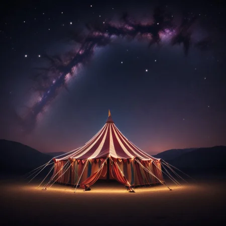 A circus tent photo, view of stars and swirling galaxies and light trails in the background gives a dreamy feel to this moment. BREAK, glow circuit patterns, style of Light painting