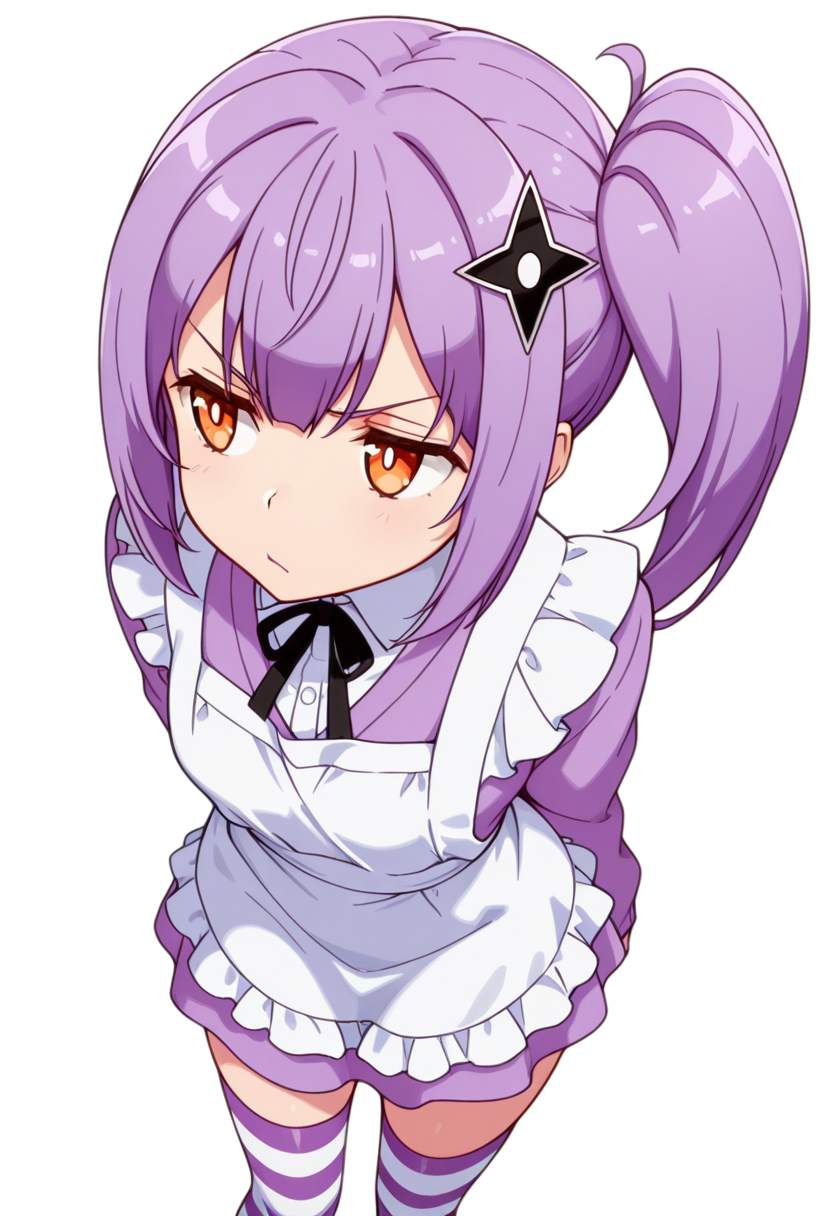 masterpiece,high quality details, absurdres,
 <lora:Satoko_Kusagakure:0.9>
satoko_cnr, 1girl, purple hair, long hair, side ponytail,orange eyes,hair ornament,sidelocks,, simple background, white background, dutch angle,solo,, annoyed,frown,, :/,, maid apron,cardigan  ,striped thighhighs,  ,var-legwear,