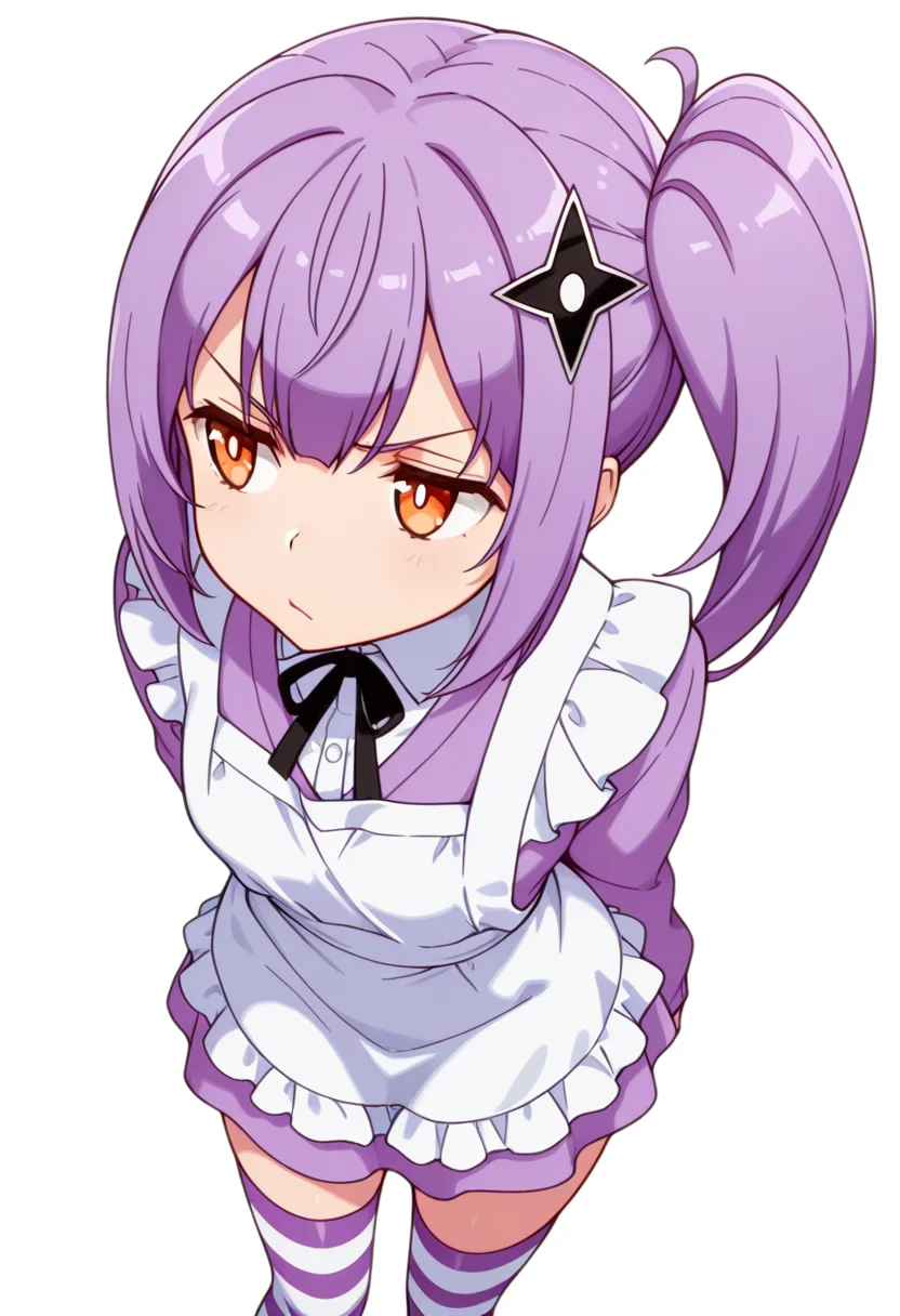 masterpiece,high quality details, absurdres,
<lora:Satoko_Kusagakure:0.9>
satoko_cnr, 1girl, purple hair, long hair, side ponytail,orange eyes,hair ornament,sidelocks,, simple background, white background, dutch angle,solo,, annoyed,frown,, :/,, maid apron,cardigan ,striped thighhighs, ,var-legwear,