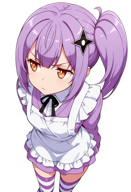 masterpiece,high quality details, absurdres,
<lora:Satoko_Kusagakure:0.9>
satoko_cnr, 1girl, purple hair, long hair, side ponytail,orange eyes,hair ornament,sidelocks,, simple background, white background, dutch angle,solo,, annoyed,frown,, :/,, maid apron,cardigan ,striped thighhighs, ,var-legwear,