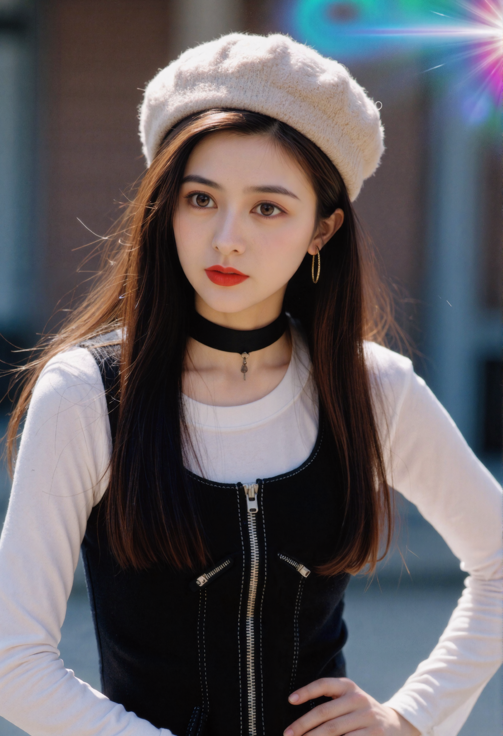 A woman with fair skin and brown hair is centered in the frame, wearing a beige beret on her head. Her brown hair is parted in the middle and falls down her shoulders. She has dark eyebrows, dark eyeliner, and red lipstick. She is wearing a black choker around her neck and gold hoop earrings. Her top has long white sleeves and a black sleeveless vest over it with a silver zipper down the front and white stitching details. Her hands are resting on her hips. The background is blurred, but hints of blue and brown suggest an outdoor setting. There are bright, hazy light flares throughout the image, particularly around the edges and above the woman's head.

