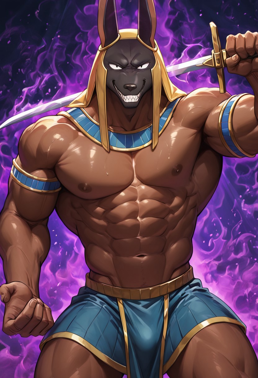 masterpiece, best quality, amazing quality, very aesthetic, absurdres, newest,  high quality, detailed, male, solo male, AnubisJJBA, 1boy, anthro, jackal, mature male, athletic build, black eyes, dark skin, black head tan body, animal ears, broad shoulders, yellow headdress, egyptian clothing, bara, holding sword, grinning, looking at viewer, purple aura, volumetric lighting, outdoors, pecs, abs, nipples