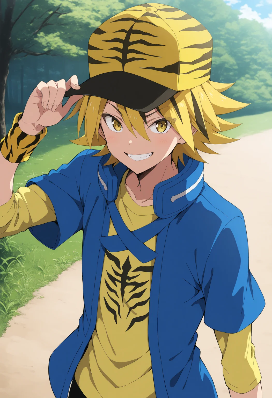 <lora:Noboru_Kodo:0.9>,noboru kodo,1boy,male focus,(blue hat:0.5),tiger print hat,solo,wristband,smile,adjusting headwear,upper body,looking at viewer,short over long sleeves,blue short-sleeved jacket,open jacket,yellow shirt,day,outdoors,masterpiece,high score,great score,absurdres,