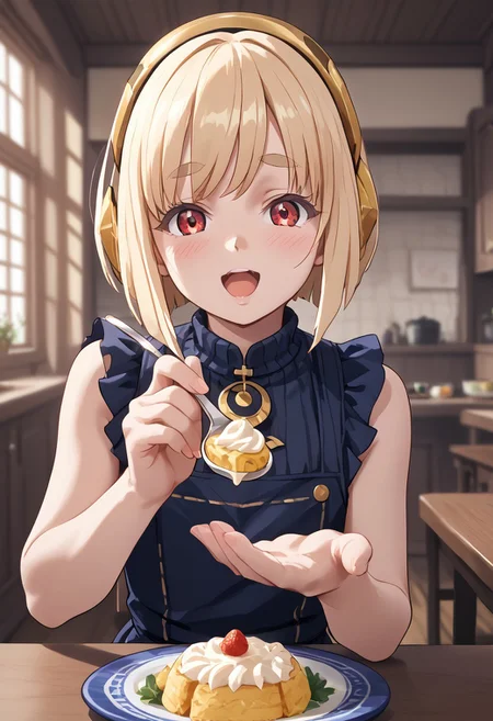 score_4,score_5,score_6,score_7_up,score_8_up,score_9 ((masterpiece,best quality,ultra detailed,highres,HD,4k:1.2)),
1 femboy, solo,solo focus,femoby focus,face focus,
Layla,blonde hair,bangs,short hair,bob cut,sidelocks,thick eyebrows,red eyes,petite,
Apron, sleeveless, exposed arms, exposed shoulders,, frilly aprons,
upper body,
pov,feeding,looking at viewer,feeding, food,incoming food,holding spoon,
looking at viewer,blush,open mouth,