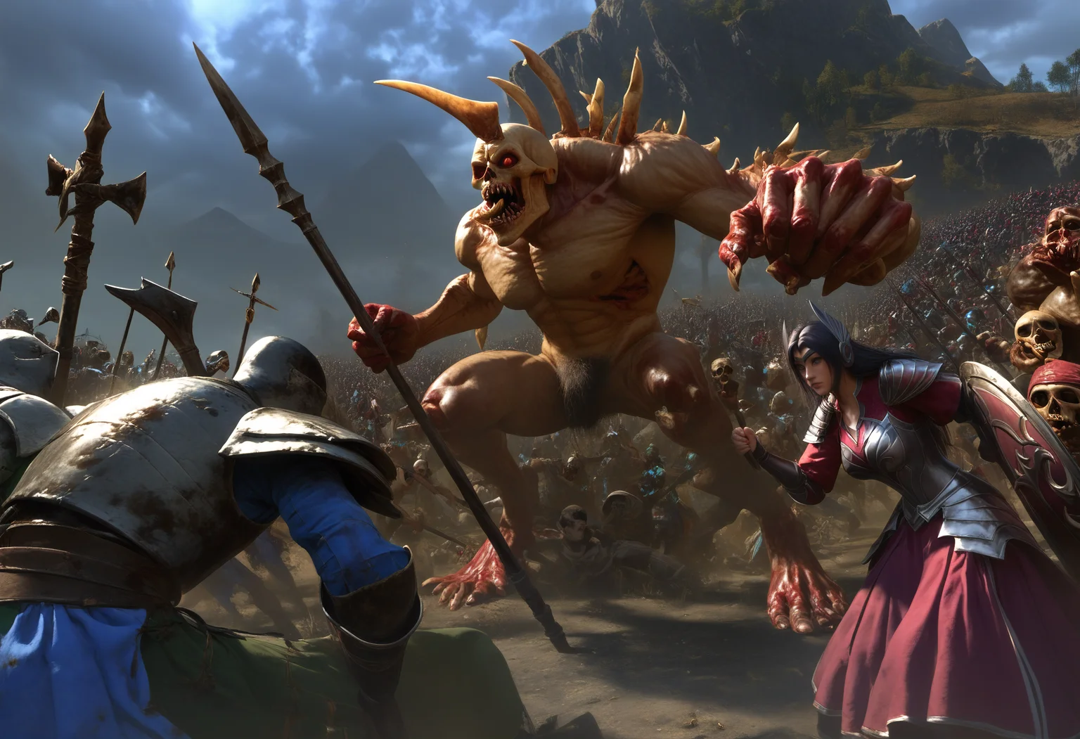 mage guild, score_9, score_8_up, score_7_up, ud_skeleton, medieval, fighting, battle, armies, epic, hum_infantry, armor, polearm, shield, low-angle view, arm support, realistic, Irelia from League of Legends, indoors, fbf.safetensors, <lora:test\fbf.safetensors:1.0>
