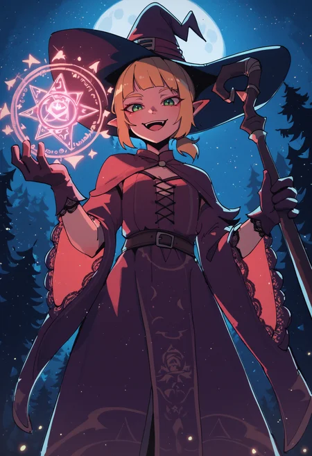 score_9, score_8_up, score_7_up,
1girl, pointed ears, blonde, green eyes, flat breasts, short bang ponytail,
holding staff, witch clothes, pink silk robe, lace sleeves, witch hat,
forest, flying fireflies, night, moon, stars,
evil smile, looking at viewer, open mouth, gloves , casting spell, magic glow, magic circle on hand,
good hands, four fingers, one thumb,  front view, from below, standing, dark theme, pumpkin lamp,
<lora:BasedBinkie-_Style:1>, babinkie, <lora:Expressive_H:0.3>, <lora:Xenotrip_v.2:0.3>,  <lora:hellsing_ultimate_style:0.3>, lowkeylights,  <lora:LowKeyLightsPony:0.3>
