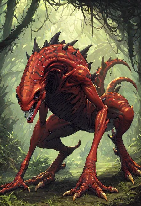 score_9, score_8_up, score_7_up, Expressiveh, oil painting, 1boy, solo, Alien, monstrous, huge black eyes, sharp fangs, claws, talons, spiky exoskeleton, huge black spikes, red skin, two toned skin, two toned exoskeleton, overflowing green saliva, huge lizard tail, exposed ribs, savage, nightmare theme, lush forest, tall trees, jungle, running on all fours, motion lines:1.0