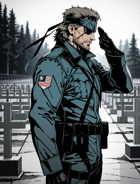 masterpiece,best quality,amazing quality,very aesthetic,absurdres,newest, huge filesize,
<lora:spo_sdxl_10ep_4k-data_lora_webui:0.5>,
<lora:add-detail-xl:1>
<lora:Normandy_American_Cemetery:0.8>, normandy_american_cemetery,  Salute to the tombstone, from side,  military uniform,  hat, stright tombstone,
1man, mature male, SOLID snake from metal gear solid,  big boss,
 (eyepatch:1.1), simple pencil sketch, spot color, <lora:Yoji:0.8> yoji_shinkawa,
