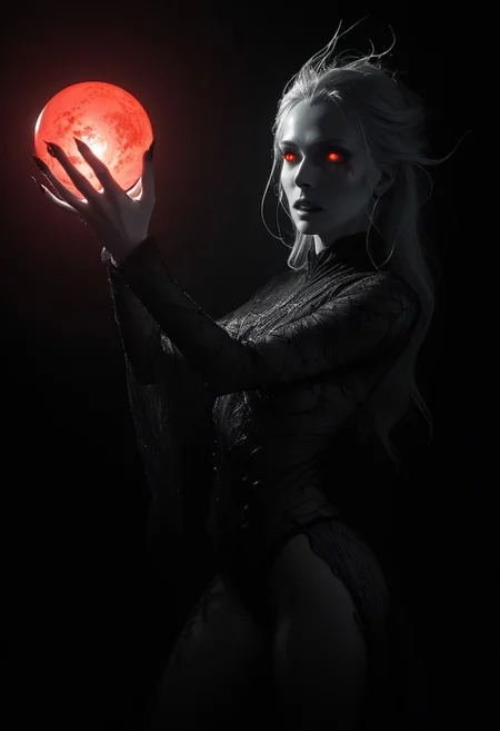 dutch angle, N3onSp3ctra, realism a dark, shadowy figure against a deep, almost black background. The figure, likely a woman, (head tilt), (orgasm face:1.5) face is hidden in the darkness, making her features hard to distinguish, but glowing red eyes stand out, giving her an eerie vibe. Her hair is long and wild, flying around like she's caught in a gust of wind. She's reaching up with her right hand, fingers slightly spread, and holding a glowing red orb that looks like a small, full moon. The orb casts a faint red light, adding to the creepy atmosphere. Her left arm is bent, with the hand hanging loosely by her side. She's wearing a flowing, see-through black garment with intricate, almost glitch patterns that add to the mysterious feel. dark and moody color scheme, sport color red glow of her eyes and the glass orb providing the only bright spots.
intricate details, detailed face, blurry background,
monochrome palette, dark, fantasy darkness,
detailed background, soft light, underlighting, (shiny skin:0.4),
night theme, dark theme,
night, nighttime, dark theme, low-key, low-light dimly lit, fog haze, (shiny:0.4),