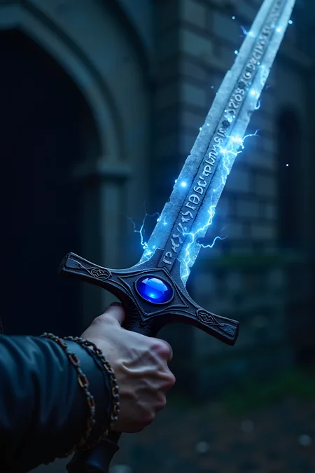 A close-up of a warrior’s hand gripping an ancient, enchanted sword. The blade glows faintly with a blue, mystical light, and intricate runes are etched along its edge, pulsing with power. The hilt is adorned with a large, brilliant sapphire that reflects the light from the sword, casting a soft glow on the warrior's weathered fingers. In the background, blurred but visible, is the shadowy entrance of a foreboding castle. The atmosphere is tense, with the air around the sword crackling with magical energy.