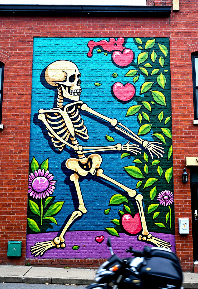 <lora:Brick_Wall_Graffiti_FLUX:1>
This is a vibrant, detailed photograph of a mural painted on a brick wall. The mural features a stylized, cartoonish depiction of  a skeleton dancing