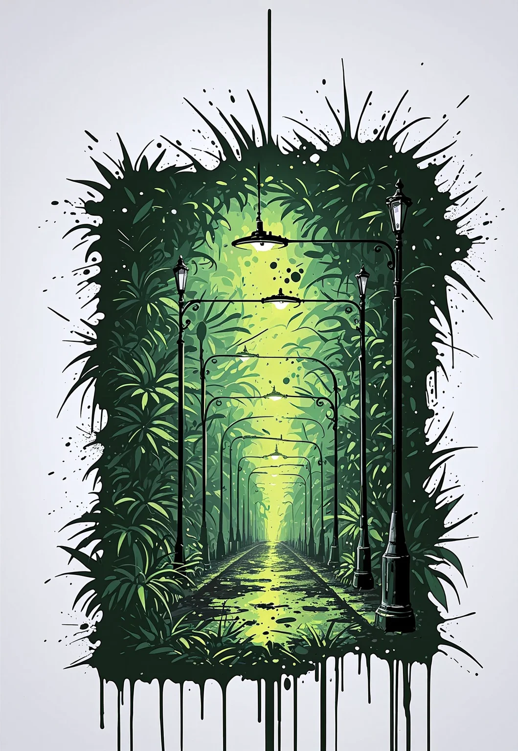 masterpiece, best quality, 1nkPnk, lamppost, no humans, solo, plant, rough sketch, messy, comic art style, ink splatter, sci fi, 