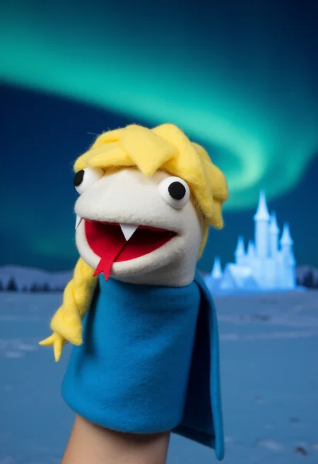 high resolution photograph, at the bottom of the picture is an arm with a hand puppet on it. The hand puppet resembles a pale snake resembling elsa and small eyes on the very top of it's head, tiny fangs, mouth open, tongue out and a comical expression. The felt has stitching and seams that are visible. <lora:Concept_soph-StupidSnekPuppet-ILXL:1>. The puppet has a felt blue cloak with a felt pompadour wig and a long yellow felt braid. Background is snowy field at night with aurora borealis with an ice castle