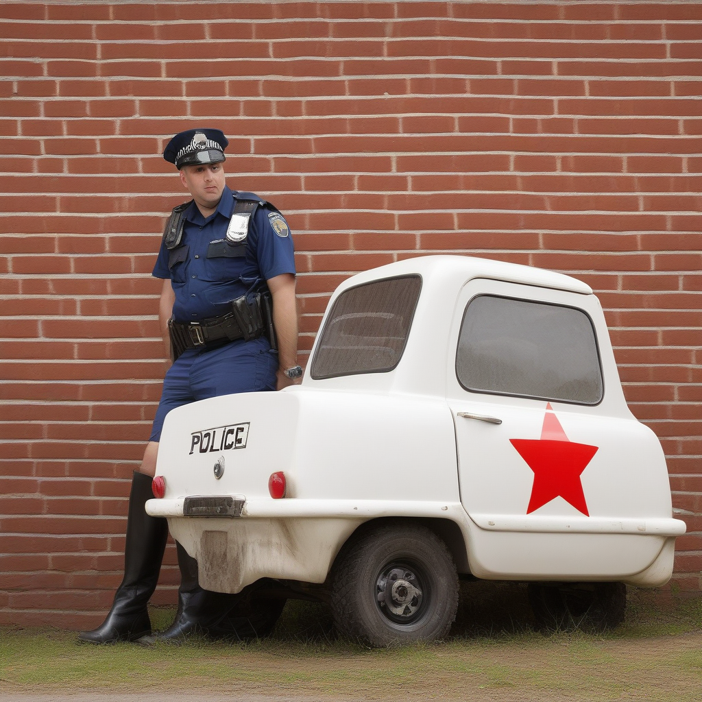 brick wall, outdoors, car, motor vehicle, grass, road, boots, reflection, police, simple background, open door, vest