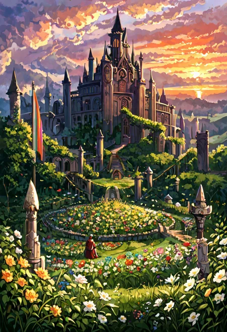Pans Labyrinth style,,castles, labyrinth castles,lalangheej,  labyrinth, ((labyrinths)),labyrinth multicolor, grass,flower field,lalangheej, flores rainbow, flowers multicolor, rainbow ,outdoors,sunset,score_9,score_8_up