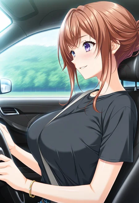 general,highres, ultra-detailed,very aesthetic,best quality ,best hands,masterpiece, best quality, newest, highres, score_9, score_8_up, score_7_up, source_anime, rating_explicit,1girl, yokota mamoru style,motion lines,,Very straight nose,slim,slender face,perfect nose
hanasaki koharu, blue eyes, orange hair,side hair,slim,big breasts,long hair, chest lenth hair,sidelocks
anime screencap,
1girl, car interior, driving, solo, long hair, purple eyes, steering wheel, ground vehicle, brown hair, motor vehicle, shirt, car, black shirt, smile, seatbelt, jewelry, bracelet, bangs, from side, parted lips, blush
