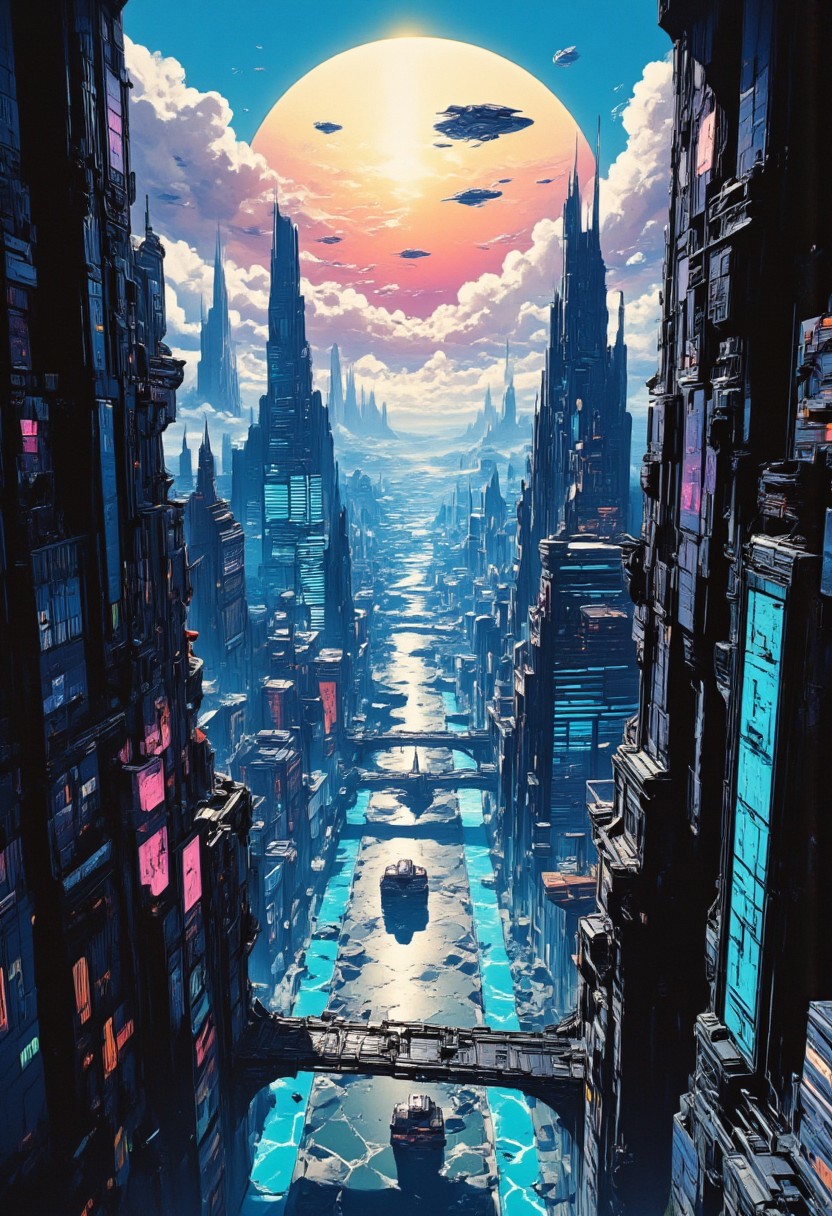 cyberpunk anime, A bladerunners themed city urban, birds view, giant buildings, small in comparison flying cars are moving across the city, neon lights, dark, smoke, space ships, very detailed, 8k, trending, artstation, aidmaMJ6.1, retro 80s colours, big sun in the background