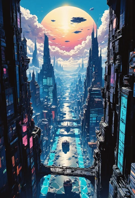 cyberpunk anime, A bladerunners themed city urban, birds view, giant buildings, small in comparison flying cars are moving across the city, neon lights, dark, smoke, space ships, very detailed, 8k, trending, artstation, aidmaMJ6.1, retro 80s colours, big sun in the background
