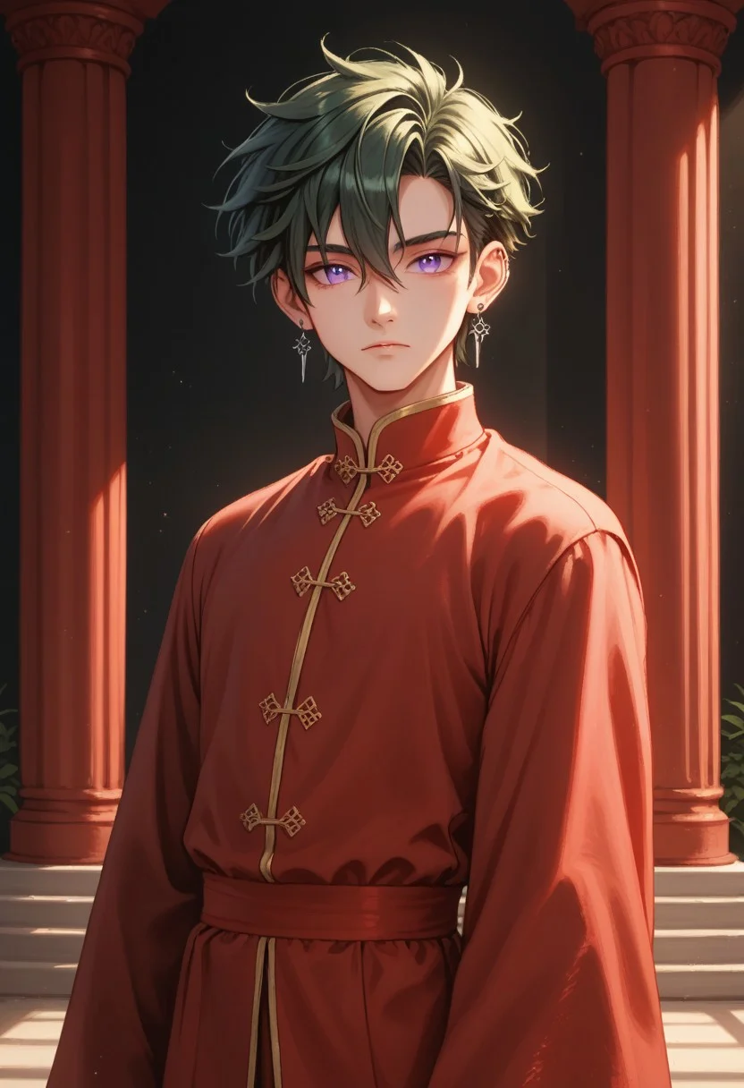 score_9, score_8_up, score_7_up, rating safe, 8k portrait, 1 boy,solo, full body, cowboy shot, male focus, AntherimA, purple eyes, slit pupils, dark green hair, hair between eyes, asymmetrical hair parting, light_red_eyeshadow, ((1_earstud_left_side)), 18 years old, shy, short, dynamic pose, chinese_clothing, red clothing, long flowing fabrics, royalty, black layered clothing, hands in sleeves,arms in front of chest, greeting, welcoming, highly detailed, majestic, professional photography, masterpiece, dynamic_lighting, (finely detailed beautiful eyes: 1.2), hdr, chinese_palace, red pillars, extremely detailed background,