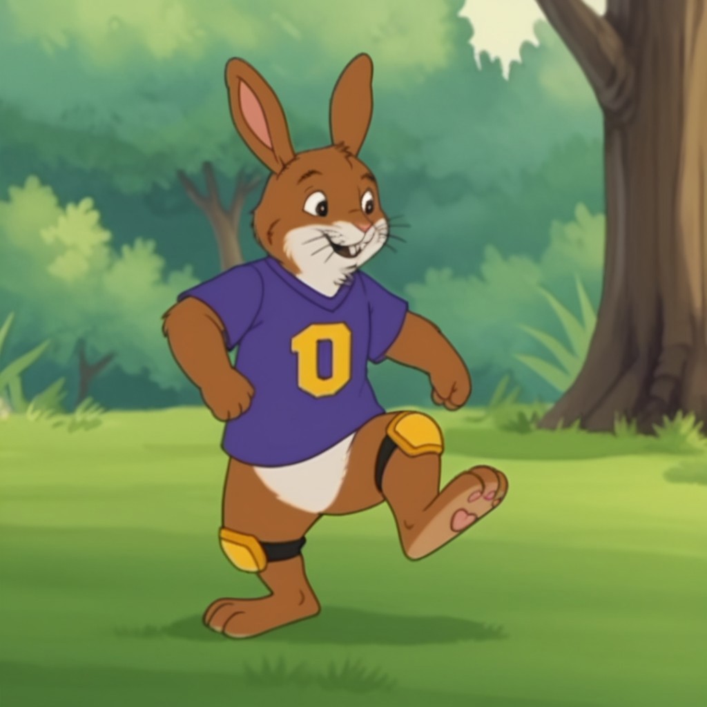 score_9, score_8_up, score_7_up, score_6_up, score_5_up, score_4_up, source_furry, rabbitfrnkln, semi-anthro, male, rabbit, brown fur, buck teeth, whiskers, outside, standing, in a forest,  purple shirt, yellow stripe, yellow knee pads, kicking soccer ball