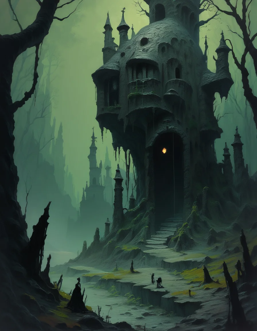 score_9, score_8_up, score_7_up, score_6_up, caricature, dark fantasy landscape with an ancient, haunted cathedral, surrounded by a cursed forest and eerie fog, highly detailed <lora:ponys-dream:.9>