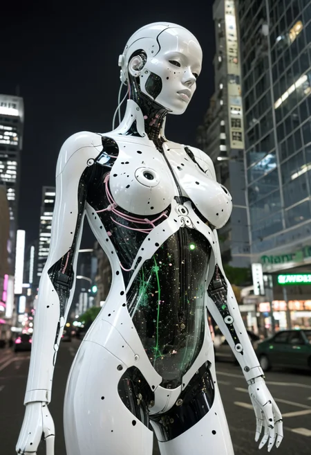 Blame! by Tsutomu Nihei see through female cyborg, city background in night, pink see through torso, black oil splatter, white dress, black plated cables everywhere, translucent glass head, chips and electronics, in background, black oil splatter, green everywhere, symbiotic everywhere, insects everywhere titanium everywhere, electric everywhere, city background, easynegative, ng_deepnegative_v1_75t