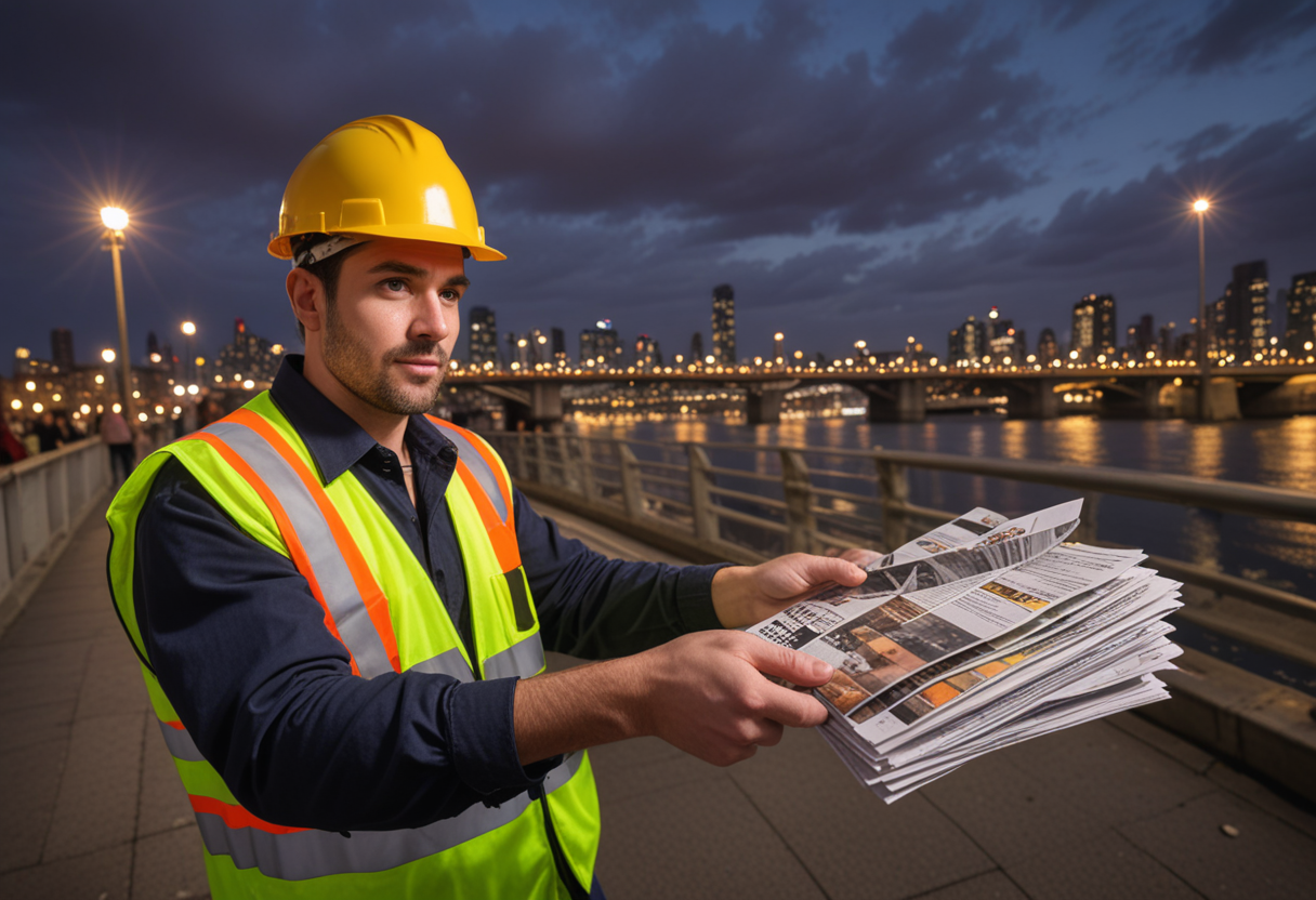 (medium full shot) of (medium shot , wide angle view) of construction worker handing out flyers, detailed face, located in an urban scene at a crowded bridge during twilight with windy weather, illuminated by city glow, creating a lively atmosphere, Masterpiece,best quality, photo, realistic, very aesthetic,