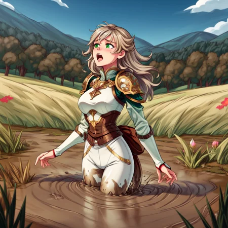 masterpiece, best quality, digital art, deviantart, 1girl, light brown hair, large breasts, small waist, wide hips, silver breastplate, shoulder armor, white pants, green grass, hills in the distance, trees, flowers, blue sky, partially submerged, beige mud, mud bog, sticky mud, scared, worried, screaming, from above, eyes looking up