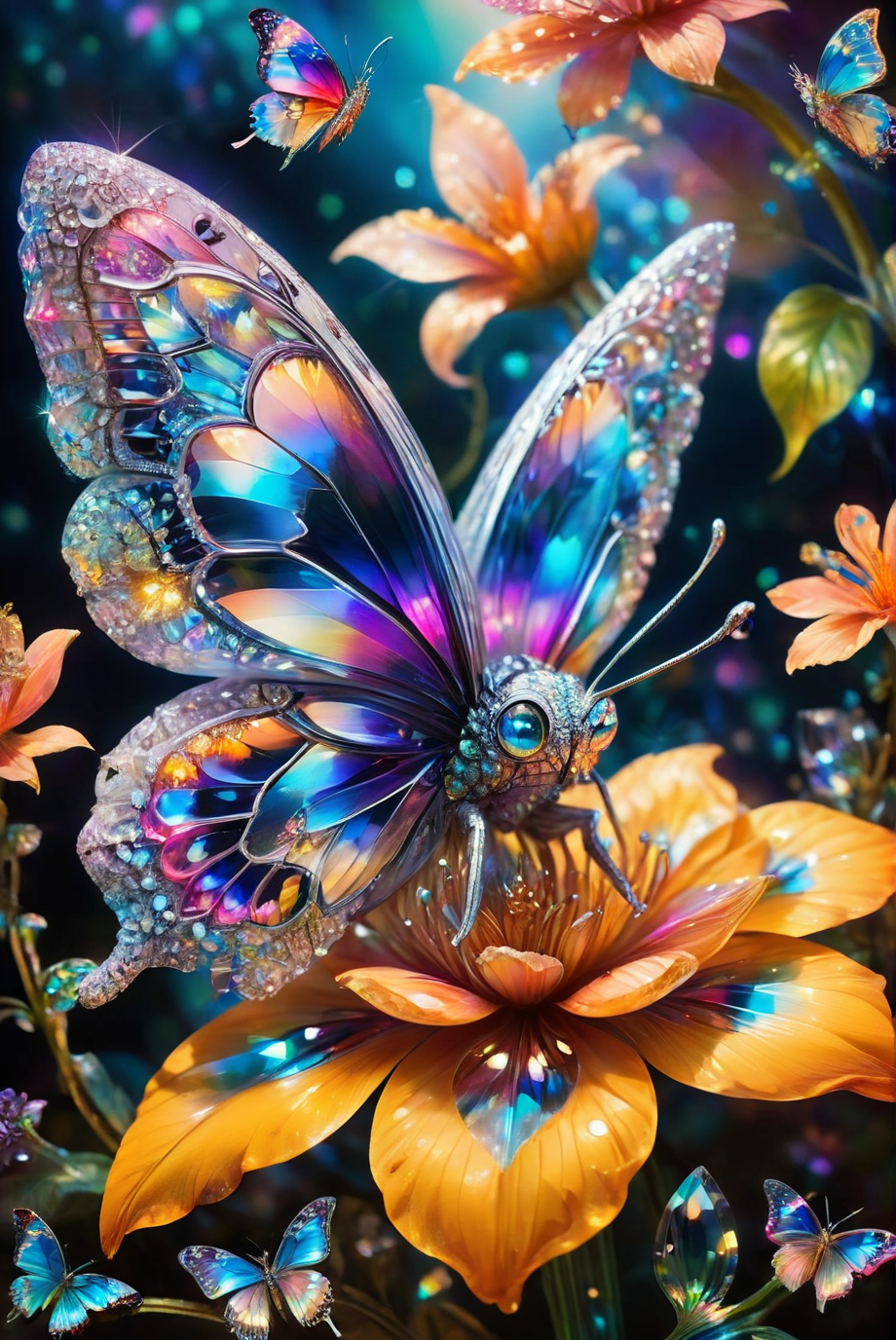 A close-up of a vibrant, colorful crystal flower with intricate, detailed petals. A delicate butterfly rests on the flower, its wings displaying a spectrum of iridescent colors. The background is softly blurred, creating a dreamy, surreal, and magical atmosphere that enhances the focus on the crystal flower and butterfly. The scene captures the essence of a fantastical, otherworldly garden, with the hyper-realistic details of the flower and butterfly bringing the image to life. (on side:1.3),
close-up, crystal flower, vibrant colors, detailed petals, intricate, butterfly, iridescent wings, soft blurred background, dreamy, surreal, magical, hyper-realistic, fantastical, otherworldly, garden, enchanting, detailed, colorful, captivating, whimsical, ethereal, vivid, nature-inspired, fairy tale-like.
<lora:ral-swarcrystl-sdxl:0.8> ral-swarcrystl,
<lora:add-detail-xl:1.0>,
<lora:EnvyBetterHiresFixXL01:1.0>,
<lora:extremely_detailed:1.0>, extremely detailed,
<lora:EldritchMixIllustration_1.1:0.25>,
<lora:SDXLFaeTastic2400:0.6>,