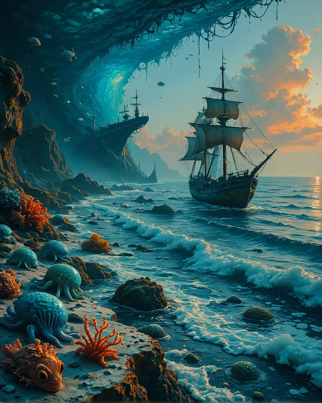 Sea Landscape, Creator Landscape,
Fitz Henry Lane (luminist calm), Salt-crusted coastal salt pans, cuttlefish bones. 19th-century whaling ship wreck, cuttlefish color changing,
<lora:ClassipeintXL2.1:0.446> oil painting,
<lora:extremely_detailed:0.133> extremely detailed,
<lora:add-detail-xl:0.318>,
<lora:dreamshaperXL10_lora:0.794>,
<lora:Flux-XL_Scenery: 0.690> flux-scenery,
detailxl,
advntr,