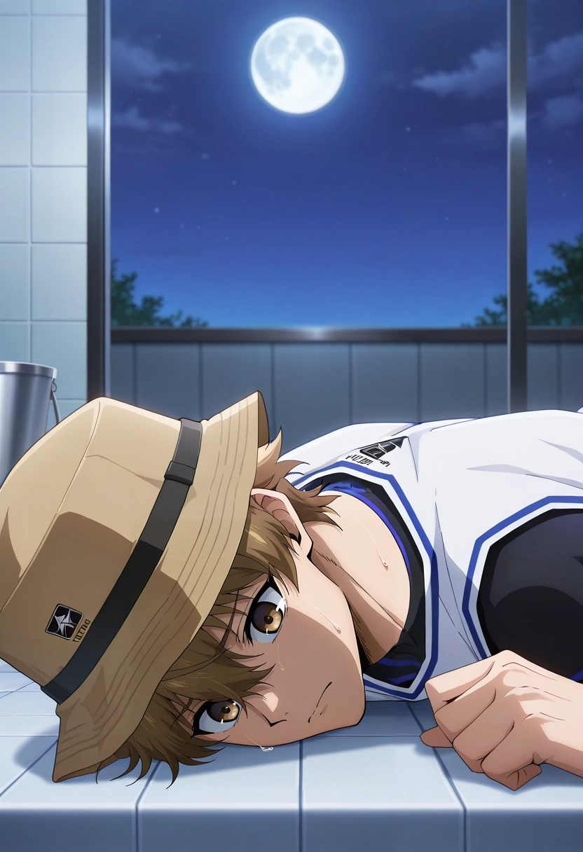 masterpiece, best quality, intricate details, anime screencap, anime coloring, official style, , 1boy, solo, male focus, <lora:asahi_naruhaya_ilxl:0.92>, asahi_naruhaya, brown hair, brown eyes, short hair, hair between eyes, bangs, sportswear, from side, bathroom, night, full moon, lying, on stomach, sad, Stretch jeans, Mauve Thermal shirt, , Bucket hat with a neck flap,