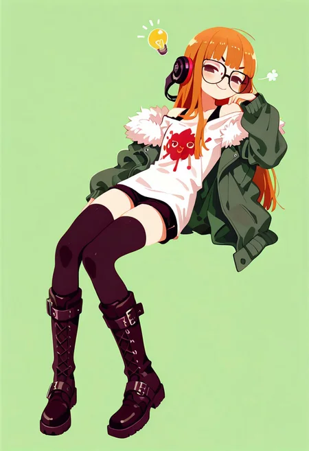 masterpiece,best quality,amazing quality, solo, Sakura_Futaba,behind-the-head headphones, glasses, belt boots, black footwear, black thighhighs, cross-laced footwear, fur trim, fur-trimmed jacket, green jacket, headphones, jacket, knee boots, lace-up boots, off shoulder, off-shoulder shirt, shirt, t-shirt, thighhighs, thighhighs under boots,,simple background,green background,haiz_ai, no lineart,no outline, <lora:ponyv6_noobE11_2_adamW-000017:0.3> <lora:MeMaXL4:0.8> <lora:veluflora-wai:0.4> <lora:haiz_ai_illu:0.7>cute pose,smug,bulb symbol