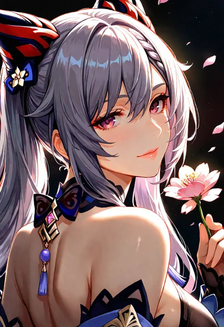 1girl, Keqing Genshin Impact, wearing Ganyu's Frostdew Tail outfit, mature adult body, lips, thin lips, solo, looking at viewer, charming sensual smile, holding flower, chupa chups, upper body, from below, back lighting, dark, multicolored background, masterpiece, cherry blossom, best quality, very aesthetic