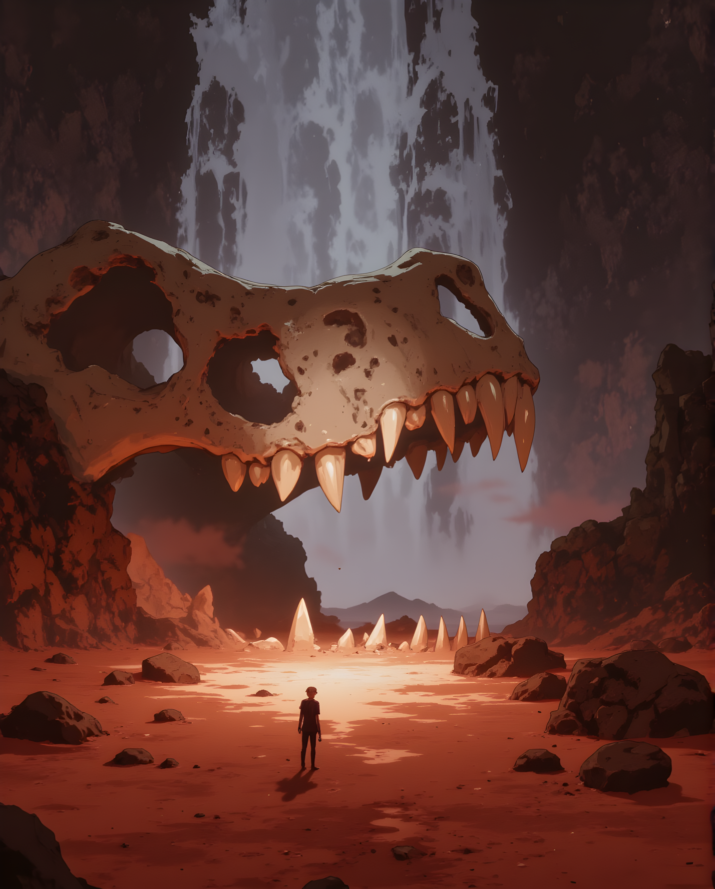 A surreal and haunting scene set in what appears to be a vast, desolate landscape. The focal point of the image is a massive, skeletal jawbone that dominates the foreground. The jawbone is weathered and ancient, with sharp, jagged teeth that seem to glow faintly in the dim light. Behind the jawbone, a large waterfall cascades down a rocky cliff face, its white water contrasting sharply with the dark, reddish-brown hues of the surrounding terrain. In the distance, a lone figure stands on the ground, dwarfed by the immense scale of the environment. The person's silhouette is small and solitary, adding to the sense of isolation and awe. The overall atmosphere is one of mystery and otherworldliness, evoking a feeling of being in a forgotten, primordial world.
j_art, anime, anime art, <lora:FLUX\jul\J_Anime:0.6>, <lora:FLUX\RealAnime:0.6>