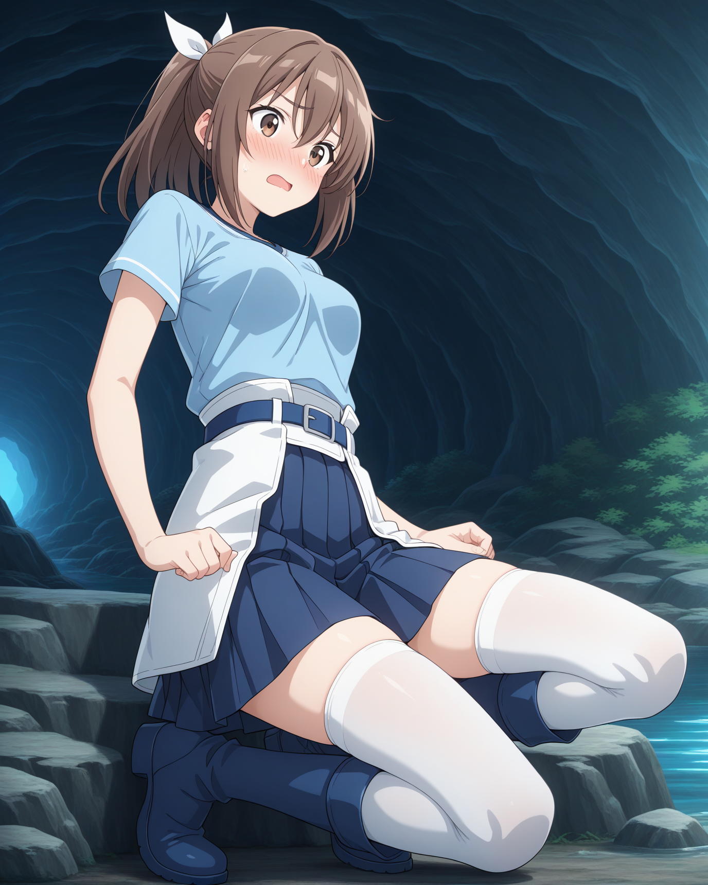 (blue shirt blue pleated skirt blue belt white thighhighs blue boots:1.50), 
bof-sally, brown eyes, (brown hair), sidelocks, bangs, hair between eyes, ponytail, white hair ribbon,
medium breasts, 1girl, 
(masterpiece, highres, ultra-detailed,very aesthetic, best quality, absurdres, high quality, highres), 
flustered,
close-up,
(feet:0.90), 
BREAK,
cave lake,
,
(solo:0.80), (skinny:0.8),
(),
<lora:bof-sally-V02-illXL:0.70>