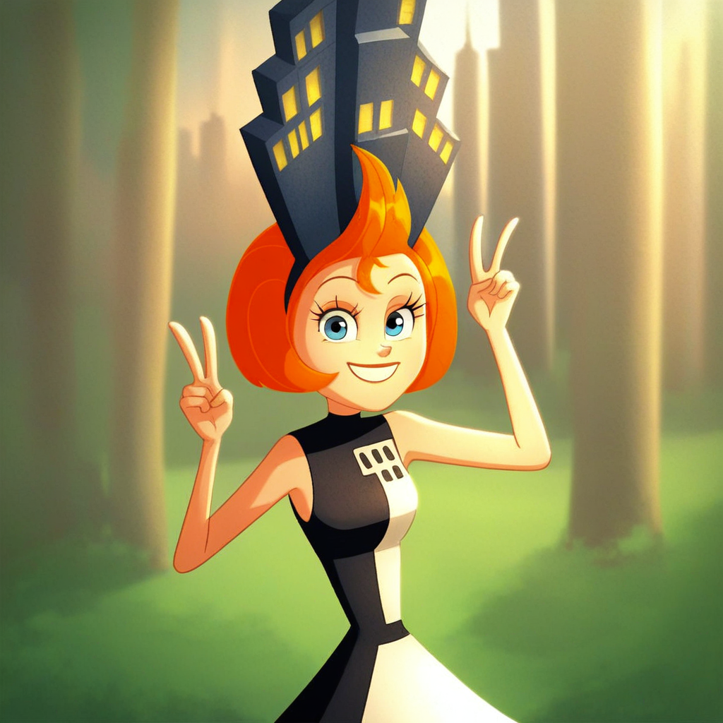 score_9, solo, tallulah_mtr, 1girl, orange hair, short hair, blue eyes, city_hat, dress, sleeveless, v, looking at viewer, smile, forest, natural lighting