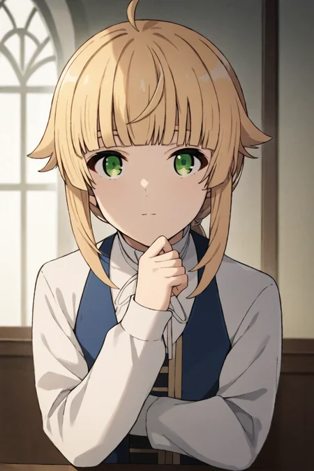 score_9, score_8_up, score_7_up, source_anime,
1girl, looking at viewer,
indoors,
<lora:norn_greyrat_anime_s2_v2-soralz:1>, norn_greyrat, bangs, blonde hair, long hair, yellow green eyes, ahoge, sidelocks, blunt bangs, hair flaps, low ponytail,
long sleeves, white sleeves, white ribbon, white shirt, blue dress,