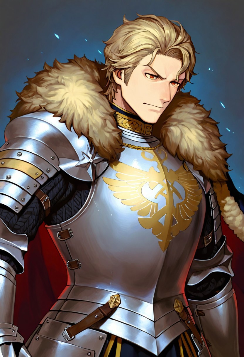 1boy, gawain_fgo,  best eyes, cuirass, pauldrons, gauntlets, faulds, cardigan, gauntlets, faulds, fur-trimmed cape, 1boy, male focus, solo