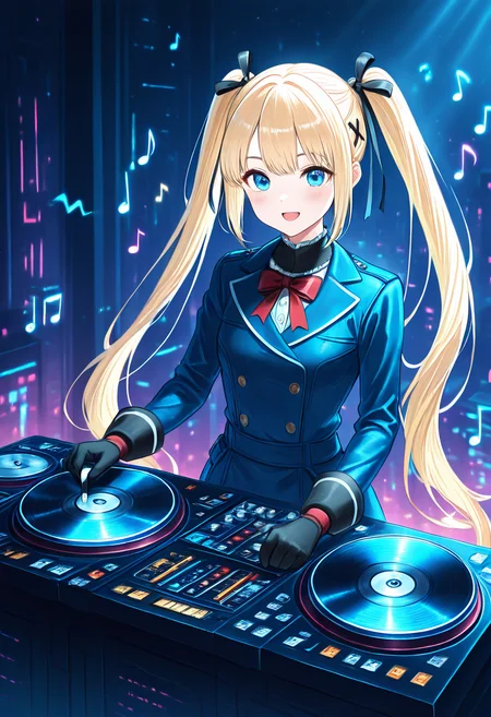 masterpiece, best quality,   AdFF, turntable, blue theme,  zzMarie, blue eyes, blonde hair, hair ornament, hair ribbon, long hair, twintails, very long hair, x hair ornament, smile, excited, <lora:MarieRose_NAI:1.0>   (music notes),  <lora:AudioFileFuture_IXL_v1:1.0>,