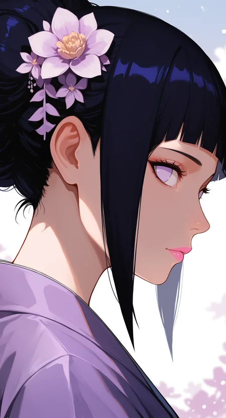 masterpiece, best quality, good quality, very awa, very aesthetic, absurdres, newest, hyuuga hinata, naruto, 1girl, black hair, close-up, flower, hair bun, hair flower, hair ornament, japanese clothes, kimono, purple eyes, purple kimono, sidelocks, solo,Pink lips,looking at viewer, no pupils,profile, bloom, <lora:ponyv6_noobV1_2_adamW-000017:0.7> <lora:USNR_STYLE_XL_lokr:0.45> <lora:EtherSDXL:0.15> <lora:GLSHS:0.3>