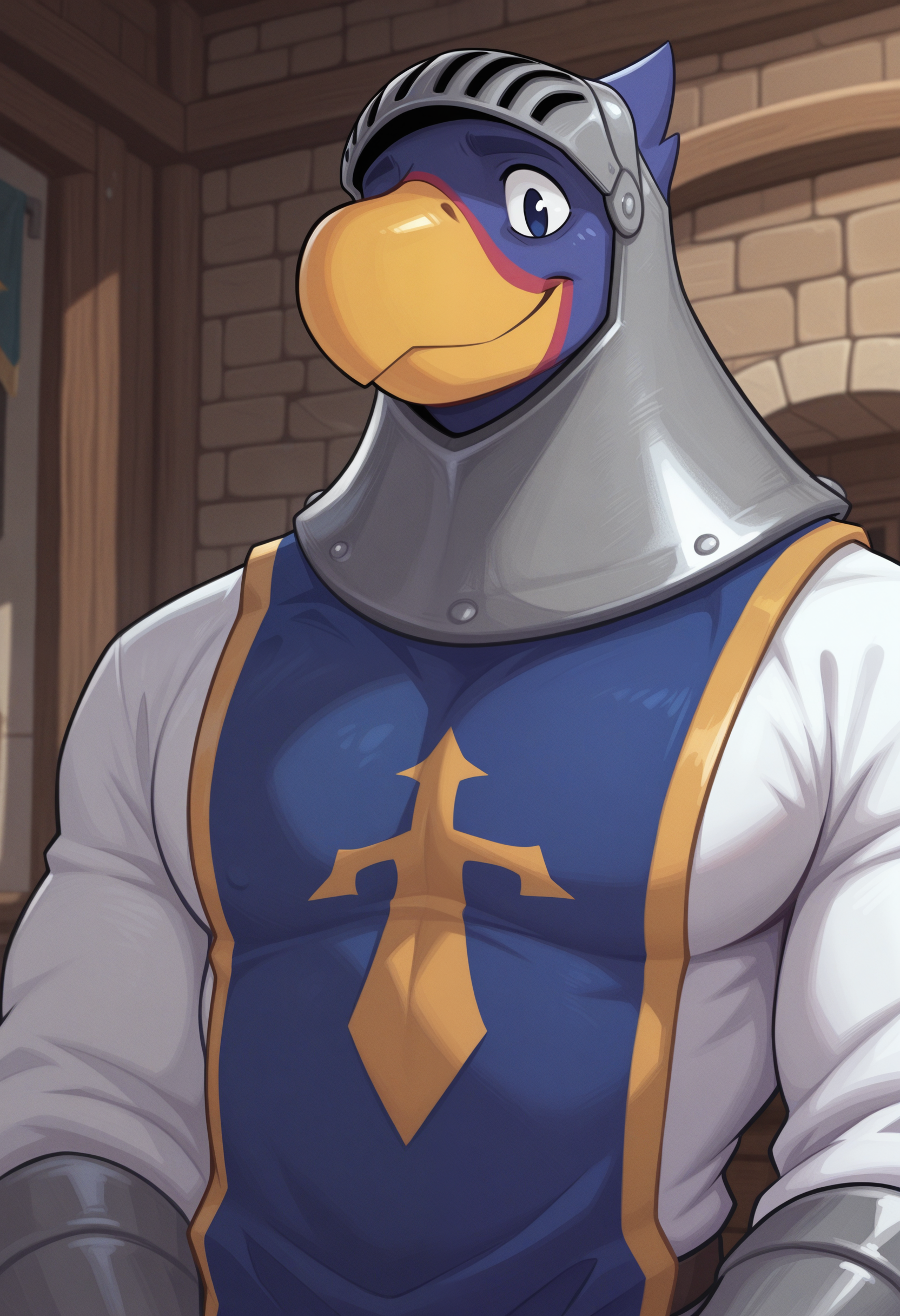 masterpiece, best quality, amazing quality, solo, 1boy, SterlingAc, tabard, white shirt, helmet, smile, close-up