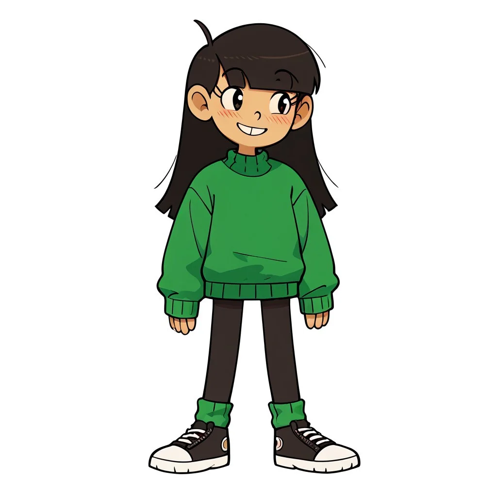 score_9, score_8_up, score_7_up, score_6_up, score_5_up, score_4_up, perfecteyes, 1 girl, petite, standing, numbuh 3, green sweater, smiling, blushing, full body,