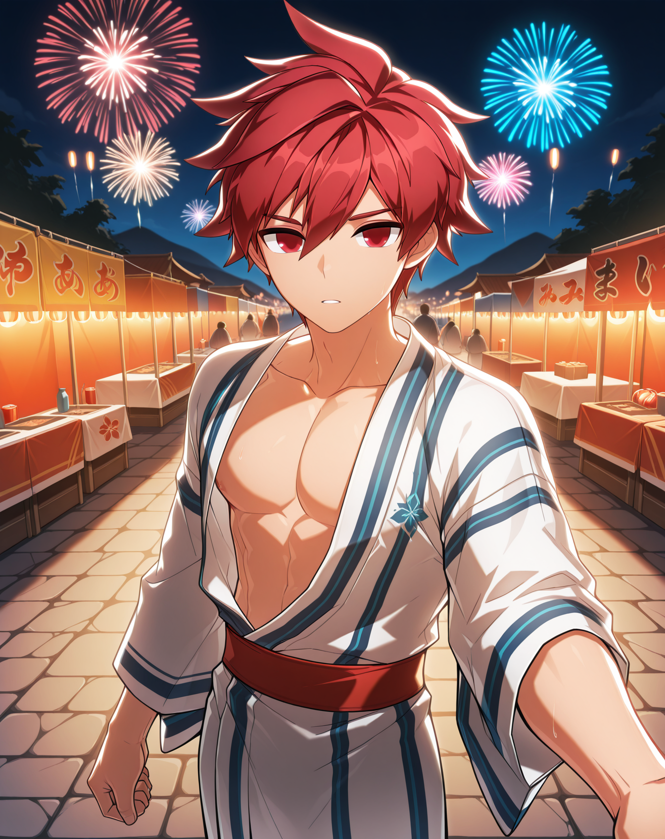 masterpiece,best quality,amazing quality, newest, very aesthetic, absurdres,
1boy, solo, yaoi, male focus, looking at viewer, cowboy shot,
 <lora:Elsword_Knight_Emperor_ilxl:1> elswordke, red hair, red eyes,
yukata, open clothes,
outdoors, festival, night, fireworks, stone floor,