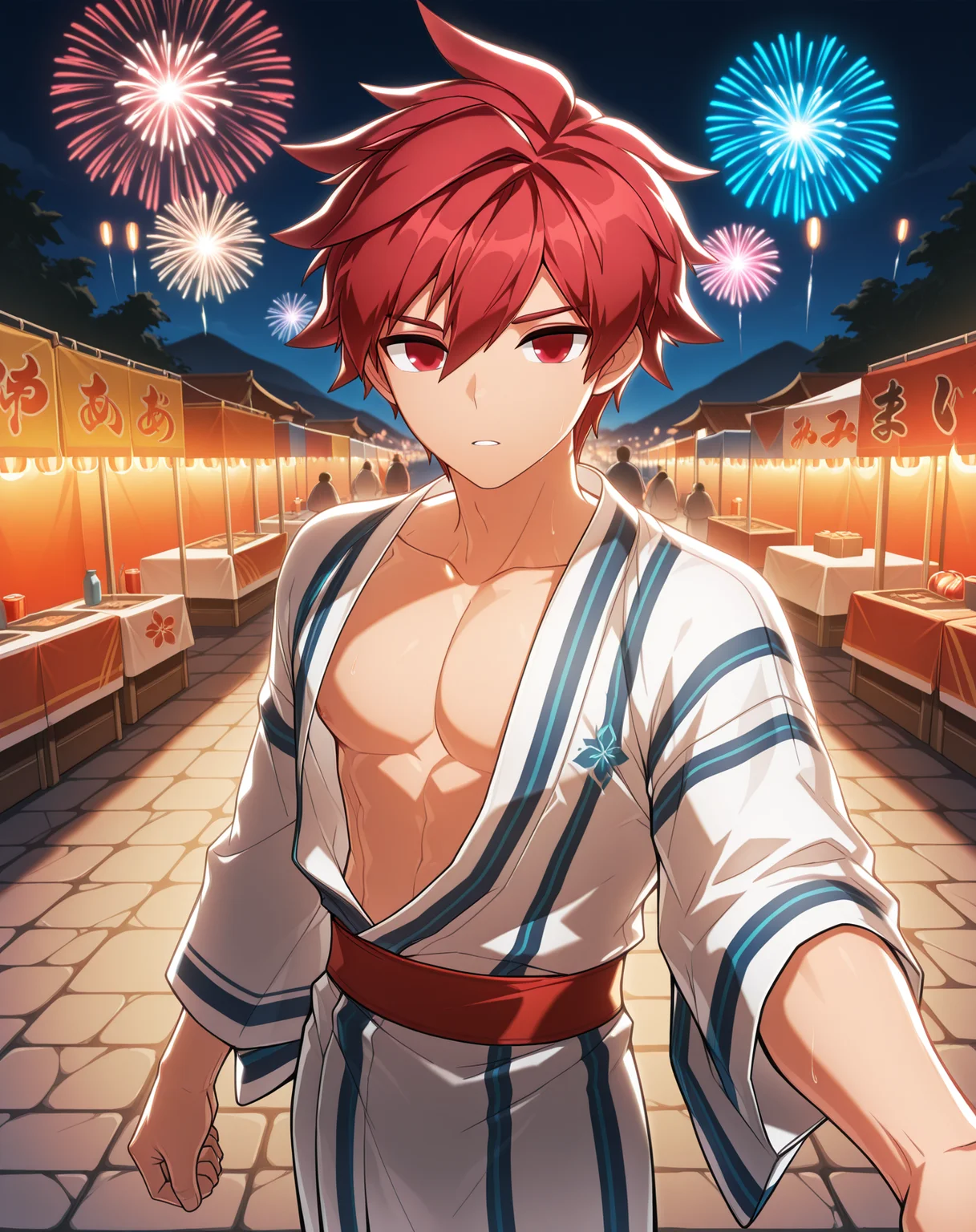 masterpiece,best quality,amazing quality, newest, very aesthetic, absurdres,
1boy, solo, yaoi, male focus, looking at viewer, cowboy shot,
<lora:Elsword_Knight_Emperor_ilxl:1> elswordke, red hair, red eyes,
yukata, open clothes,
outdoors, festival, night, fireworks, stone floor,