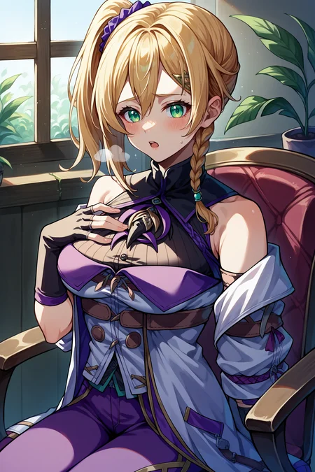 score_9, score_8_up, score_7_up, score_6_up, source_anime, 1girl, solo <lora:yskarja-pdxl-nvwls-v1-000005:1> ysKarja, blonde hair, green eyes, single braid, scrunchie, side ponytail, white coat, turtleneck, brooch, detached sleeves, purple pants, fingerless gloves, medium breasts, hand on own chest, open mouth, blush, heavy breathing, sitting, chair, indoors