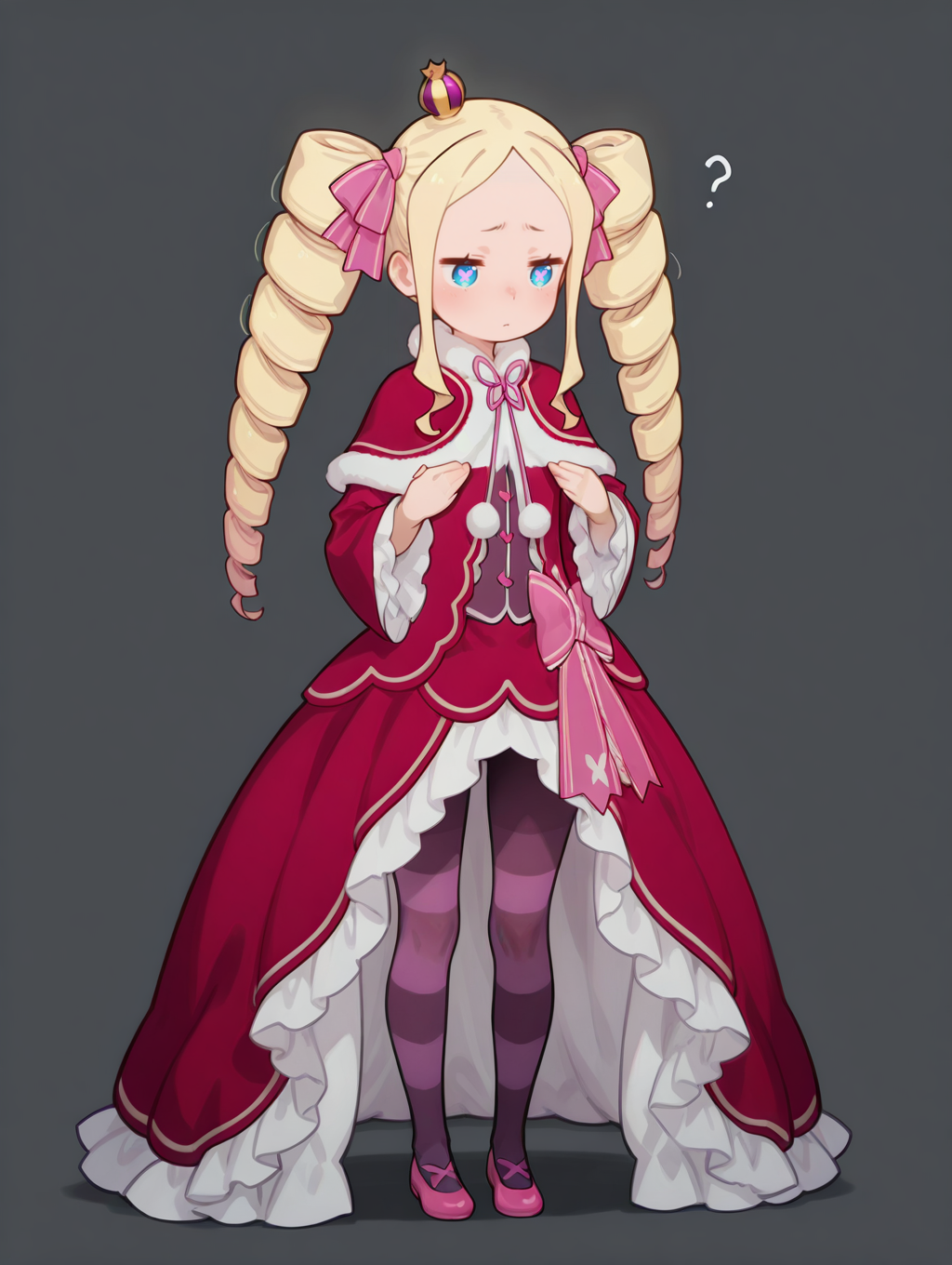 perfect quality,high quality,masterpiece,best quality,amazing quality,very aesthetic,absurdres,Cinematic Lighting,newest,Tactical use of shadow,
front view,full_shot,Raised brow with a questioning look,
BeatriceCYQL,1girl,solo,blonde hair,drill hair,long hair,twintails,twin drills,sidelocks,ribbon,hair ribbon,blue eyes,symbol-shaped pupils,crown,mini crown,dress,capelet,red capelet,fur-trimmed capelet,fur trim,pantyhose,striped pantyhose,striped,long sleeves,frills,frilled sleeves,red dress,frilled dress,shoes,pink footwear,bow,wide sleeves,
full body,standing,covering_nipples,,
darkgray  background,simple background,
<lora:NoctFlatStyleILV0.6-Contrast:1>,<lora:MinimalistFlatColorXL_byKonan:0.5>,<lora:zzziGnXLillokrV531:0.5>,<lora:BeatriceCYQL:1>,