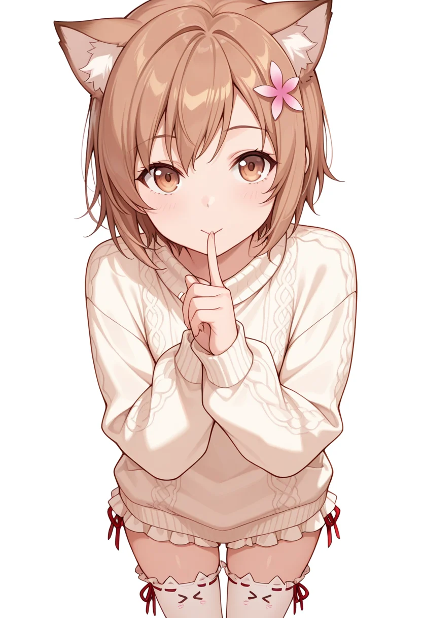 Smooth Quality,masterpiece,very intricate, high quality details, ultra realistic, high detailed skin,detailed enviorement,absurdres,
shushing,
<lora:Yukimura_Kusunoki_CNR:0.8> yukimuria_cnr, 1girl, brown hair, short hair, brown eyes,hair flower,, simple background, white background, front view,solo,, :>,, pullover,lace-up top,frilled thighhighs, ,animal ear legwear thighhighs,
